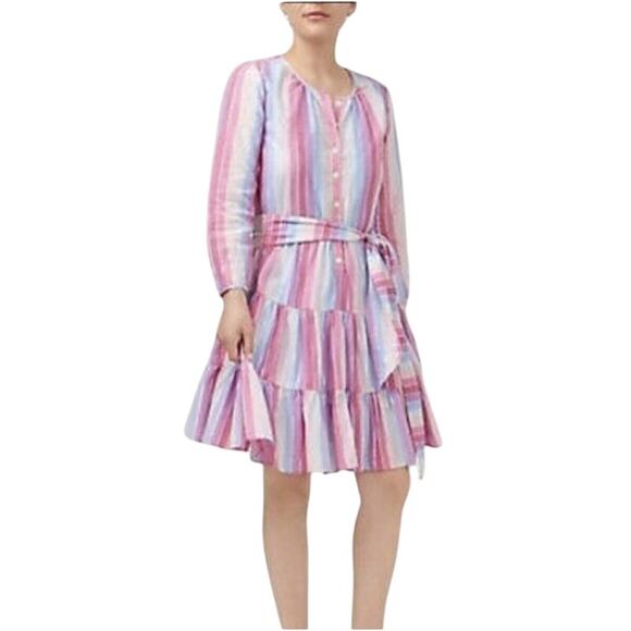 J. Crew Pastels Pink Striped Cotton Tiered Button Up Dress Size Small - Picture 2 of 8